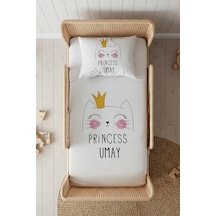 %100 Pamuk Saten İsme Özel İsimli 100x200 Tek Kişilik Lastikli Çarşaf Seti Princess Beyaz