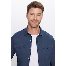 Erkek Slim Fit Dar Kesim Çift Cepli Denim Kot Lacivert Gömlek-31927 Lacivert