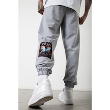Butterfly Paça Eşofman Altı Jogger - Gri Baskılı Lastik Paça Yüksel Bel Gri