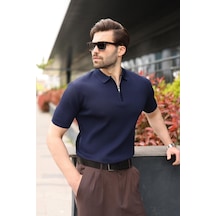 Madmext Lacivert Yarım Fermuar Detaylı Polo Yaka Triko Erkek Tişört E7492