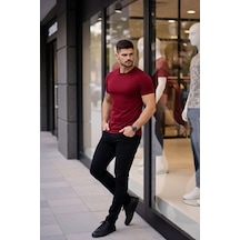 Modi Green Erkek Bordo Bisiklet Yaka Slim Fit Dar Kesim Likralı Günlük Basic