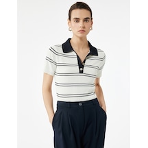 Koton Regular Fit Düğmeli Kısa Kollu Polo Yaka Triko Kazak Lacivert Çizgili 6wak90059ht Lacivert Çizgili