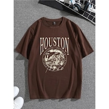 Flood Of Style Erkek Kahverengi Houston Baskılı Bisiklet Yaka Tişört