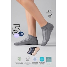Socketta 5'li Karışık Renkli Kadın Bambu Kendinden Desenli Dikişsiz Esnek Yazlık Patik Çorap - Premium Siyah-lacivert-füme-gri-bej