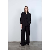 Kadın Keten Rahat Kesim Ceket Pantolon Alt-üst Takım Siyah Kadın Keten Rahat Kesim Ceket Pantolon Alt-üst Takım Siyah