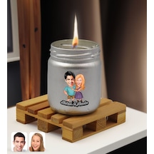 Bk Gift Kişiye Özel Dtf Sevgili Karikatürlü Gümüş Renkli Cam Kavanozda Kokulu Mum-1, Sevgiliye Hediye, Doğum Günü Hediyesi