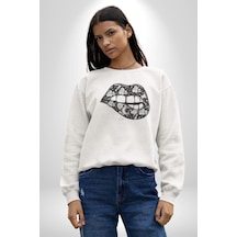 Ay Yıldız Dudak Bulut Dövme Unisex Beyaz Baskılı Sweatshirt Beyaz