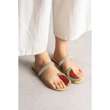 Dabab Shoes Melony Kadın Hasır Taban Taşlı Karpuz Detaylı Yazlık Düz Taban Terlik Çok Renkli