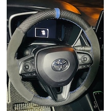 Dikişli Direksiyon Kılıfı Karbon Nubuk Deri Mavi Yüzük Mavi Dikiş Toyota Corolla Yeniler Renkli