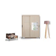 Pasifichome Huga Sürgülü Gardırop Meşe 130Cm / 2 Kapaklı Çekmeceli Dolap