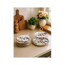 Flora 7 Parça Seramik Pasta Tabağı Katlı Kurabiyelik Sunum Takımı Seti - Kup121f Beyaz