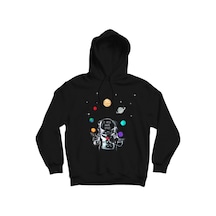 Astronot Gezegenler Baskılı Kapşonlu Sweatshirt Siyah
