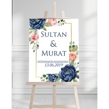 Söz Nişan Düğün İçin 50x70 Karşılama Panosu - Mavi Çiçek Desenli 002 Beyaz
