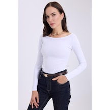 Tudors Kadın Slim Fit Dar Kesim Pamuklu Modal Kumaş Uzun Kollu Kayık Yaka Beyaz Bluz-38879 Beyaz