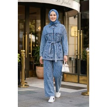 Hb Harma Time Butik Kadın Kuşaklı Taş İşlemeli Kot Mavi Tunik Pantolon İkili Takım Mavi Mavi