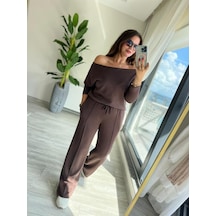 Dogutrend Kadın Uzun Kollu Tek Omuzdan Açık Modal Bluz Ve Pantolon Ikili Takım Kahve