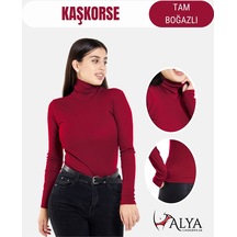 Alya Underwear Kaşkorse Tam Boğazlı Body Sweatshirt, Fitilli Kumaş, Likralı, Gül Kurusu Bordo