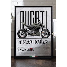 Ducati Street Fighter Siyah Ahşap Çerçeveli Poster, Dekoratif Motosiklet Duvar Tablosu