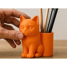 3d Baskı Kedi Figürlü Kalemlik - Masaüstü Organizer - Turuncu Diğer