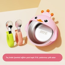 Jianfan Silikon Tabanlı Paslanmaz Çelik Bebek Mama Kasesi Dökülme Önleyici Pembe Taç Ördek Yeşil Pembe/yüzük Kaşıkçı Çatalı Pembe