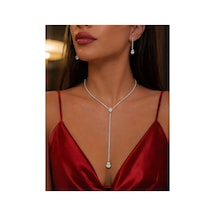 Zirkon Taşlı Su Yolu Kolye Küpe Takımı Damla Taşlı Şık Ve Zarif Kadın Takı Seti Gümüş - 919421721 Gümüş