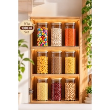 Porsima 2-3 Bambu Vakumlu Kapaklı Yuvarlak Borosilikat Cam 9lu Kavanoz Seti Saklama Kabı 1300ml 10x20cm Şeffaf