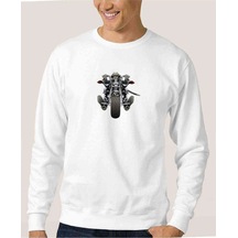 Motosiklet Spitfire Baskılı Beyaz Erkek Örme Sweatshirt