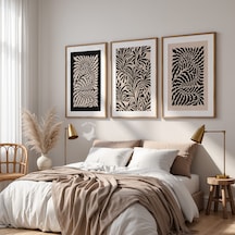 3 Lü Modern Çerçevesiz Poster Seti Soyut Yaprak Desenli Siyah Bej Duvar Dekoru Dekoratif Poster