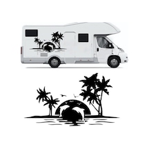 Palmiye Ve Yunuslar Kamp, Karavan Sticker 120x66 Cm Siyah