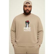 Benroma 3 İplik Penye Free Palestıne Baskılı Büyük Beden Unisex Sweatshırt Bej