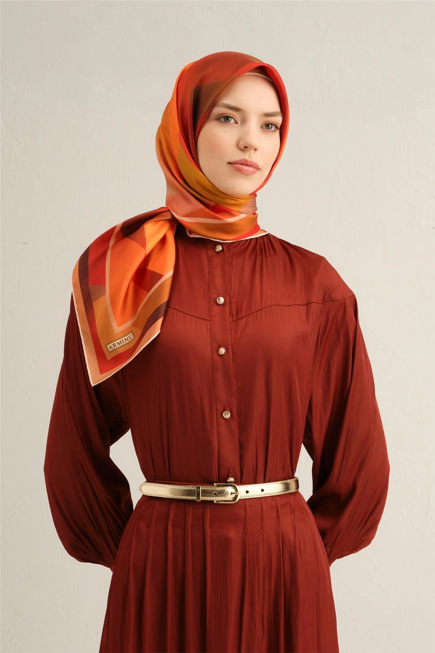Armine Geometrik Desenli Saf İpek Twill Eşarp 9331d 33 Turuncu