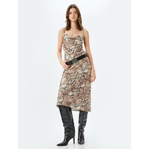 Koton Yılan Derisi Görünümlü Midi Degaje Yaka İp Askılı Slip Elbise Bej Desenli 5wak80055fw Ekru