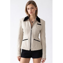 Mixray 2226 Kadın Astarlı Fileto Cepli Çift Fermuar Slim Fit Ceket Taş