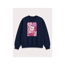 Herkesemoda Renkli Çiçekler Baskılı 2 İplik Şardonlu Bisiklet Yaka Sweatshirt Lacivert