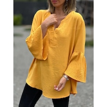 Kadınların Yeni Düz Renk V Yaka Gündelik Uzun Kollu Gömlek Sarı