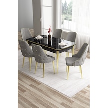 Canisa Concept Tia Serisi 80x132 Mdf Açılabilir Siyah Mermer Desen Gold Detay Masa Takımı Ve 6 Gri Sandalye Masa Siyah Mermer Desen Sandalye Gri
