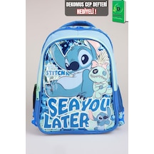 X Dekomus Lisanslı Stitch "ıconic Blue Collection Collection" Özel Tasarım Büyük Boy Okul Çantası "dekomus Cep Defteri Hediyeli" Altın