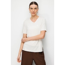 Desen Triko Kadın V Yaka Cebi Saten Şeritli Penye T-shirt 26828 Taş Taş