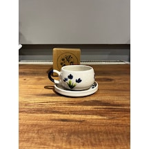 Mavi Çiçek Desenli Seramik Kupa, Mug, Double Türk Kahvesi Filtre