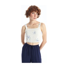 Lcw Vision Mavi Kare Yaka Nakışlı Keten Karışımlı Kadın Crop