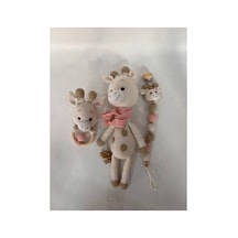 El Yapımı Amigurumi Zürafa Bebek Seti Örgü Oyuncak + Emzik Klipsi + Diş Kaşıyıcı Pembe
