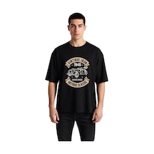 Paybuy Erkek Oversize Tişört %100 Pamuk Vintage Otomotiv Baskılı Crew Ne Siyah