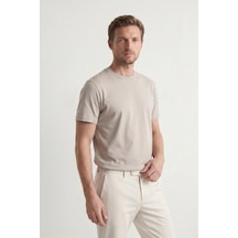 Elemge Pamuk Likra Vücuda Oturan Magic Fit Bej Erkek T-shirt Compact Penye Kısa Kol Esnek Tişört Elastan