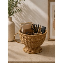 Hasır Rattan Fincan Model Sepet Düzenleyici Dekor Büyük Boy 16 20cm Açık Sarı