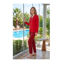 Remsa Kadın Uzun Kollu Önü Düğmeli Ekosa Desen Pijama Takımı 250354 Kırmızı