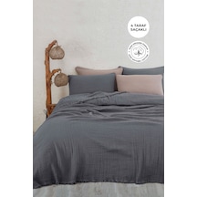 %100 Pamuk Çift Kişilik Müslin Yatak Örtüsü 4 Katlı Yumuşak Battaniye Müslin Pike Takımı 3 Parça Antrasit Koyu Gri