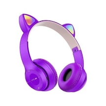 P47m Bluetooth 5.0 Kablosuz Işıklı Kedi Kulaklık Kulak Üstü Kulaklık Mor