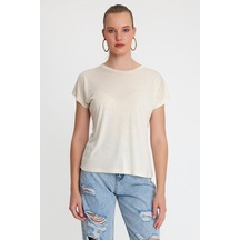 Kadın Bambu Kumaş Bisiklet Yaka T-shirt Bej