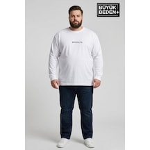 Süperlife Erkek Büyük Beden Orta Brooklyn Baskılı 2 İplik Bisiklet Yaka Tişört Spr26bts942-8 Beyaz