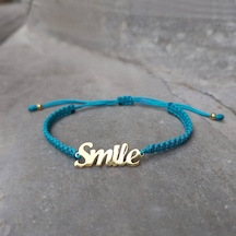 Vaoov 925 Ayar Gümüş Smile Yazılı Turkuaz Makrome Örgü Bileklik